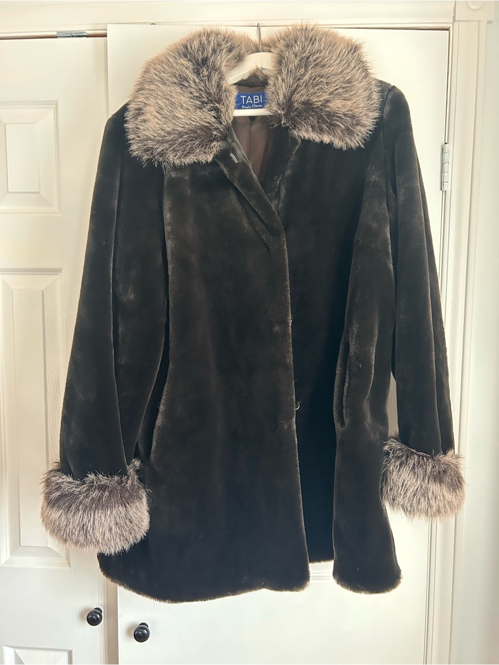 TABI Dark Brown Faux Fur Pea Coat with Contrast Collar & Cuffs